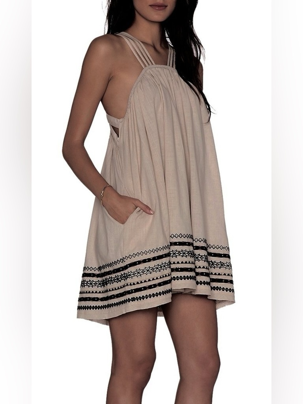 Free People Tan Halter Mini Dress with Black Trim